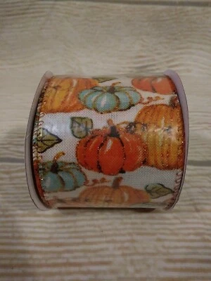 New! Glitter Pumpkin Ribbon 2.5" x 9 FT Wired Edge Autumn Pumpkins Craft Wreath  - Image 1 of 4