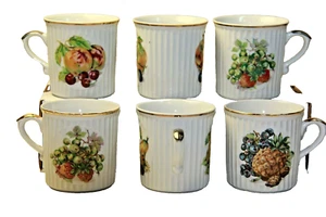 Lot of (6) Vintage Porcelain Gold Trimmed White Ribbed Fruit Coffee Cup Mugs - Imagen 1 de 9