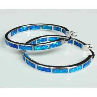 Pendientes de aro de ópalo de fuego azul para mujer, 32 mm de diámetro, aros de ópalo de acero inoxidable Foto 1 de 4