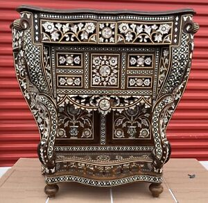 Vintage Syrian Moroccan Hand carved Console Table Wood Mother of Pearl Inlaid