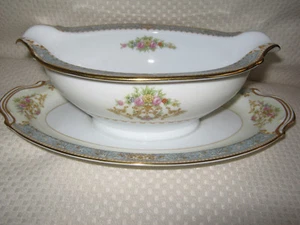 De Colección Noritake Fiesta China Gravy Boat con Placa Base Adjunta Floral Borde Azul - Imagen 1 de 6