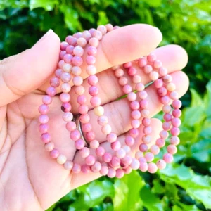Rhodonite Crystal Gemstone Stretch Dainty Bracelet Minimalist 4mm Round Beads - Picture 1 of 9
