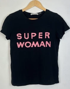 Alice + Olivia Short Sleeves Sequin Graphic T-Shirt Black Size S Super Woman - Picture 1 of 7