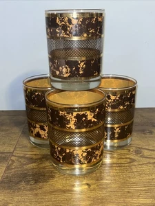 4 Georges Briard Brown Faux Marble Gold Bands Mid Century Double Old Fashion - Bild 1 von 8