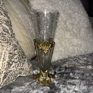 Vintage Cone Shaped Clear Crackle Glass Vase With Brass Stand 11" Tall - Picture 1 of 6