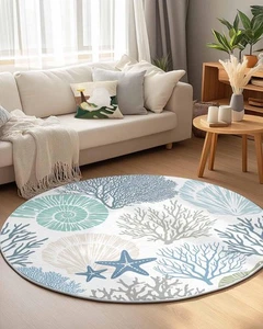 Tappeto Area Rotonda,Blu Ocean Shells Corallo Cerchio Tappeto Soggiorno Tappeti Antiscivolo I... - Foto 1 di 7