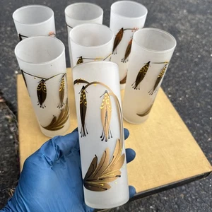 Vtg Set 7 MCM Frosted Hand painted Toms Collins Glasses Tumblers Gold Yellow HTF - Picture 1 of 14