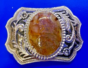 Polished Brown Agate Cabochon Cab Centerpiece Silver Tone Western Belt Buckle - Picture 1 of 18