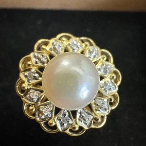 Cultured Round Pearl w/ 0.20 ctw Diamond Halo Statement Ring 14k Yellow Gold - Picture 1 of 6