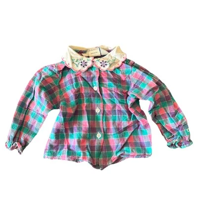 Camisa a Cuadros Vintage OshKosh B'Gosh Talla 18 Meses Cuello Flor Hecha en EE. UU. Rosa Foto 1 de 4