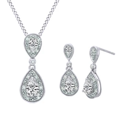 Simulated Sapphire & Diamond 14K White Gold Plated Silver Pendant & Earrings Set - Image 1 of 4