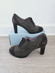 Johnston and Murphy Gail Piped Oxford Herringbone Brown Green Pinup 40s Heels 8 - Picture 1 of 10