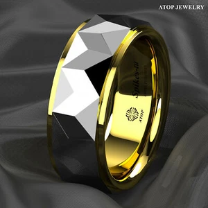 8Mm Silver Rhombus polished Tungsten ring 18k Gold wedding band ATOP Jewelry - Picture 1 of 7