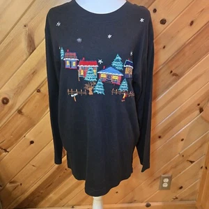 Victoria Jones Vintage NWT Christmas Village Hand Embroidered Sweater Medium - Picture 1 of 7