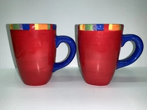 2 Dansk Caribe Antigua Stripe Mugs Red Blue Multi-Color Trim 4 5/8” Tall 5420173 - Picture 1 of 4