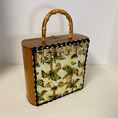 Vintage Wood Cigar Box Purse Palm Trees & Fringe • Bamboo Handle • Monkey Lining - Image 1 of 4