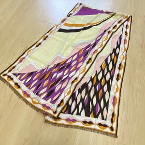 EMILIO PUCCI Linen Blend Scarf Stole Yellow Purple Geometric 176x40cm Fringe - Picture 1 of 10