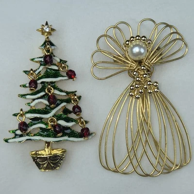 JUEGO DE 2 BROCHES DE NAVIDAD de colección firmados por Avon árbol y alambre ángel con perla sintética Foto 1 de 4