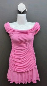Lucky In The Sky Off Shoulder Ruched Ruffle Women's Mini Dress US Small Pink - Picture 1 of 8