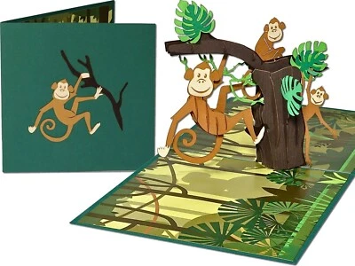 3D Birthday Monkeys Pop Up Card Greeting Card for monkey lovers , jungle - Image 1 of 4