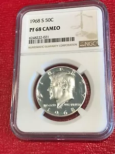 NGC PR68 CAMEO 1968 S JOHN KENNEDY SILVER BLAST WHITE HALF DOLLAR COIN-MAY132 - Picture 1 of 3