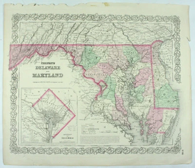 Antiguo 1855 Delaware y Maryland Distrito de Columbia J.H. Mapa grabado de Colton Foto 1 de 4