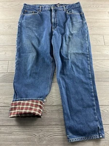 EDDIE BAUER Relaxed Fit Plaid Flannel Lined Insulated Blue Denim JEANS 42x32 - Picture 1 of 10