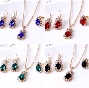 UK Women Fashion Jewellery Crystal Gold Necklace Earrings Ring Set Party Wedding - Picture 1 of 45