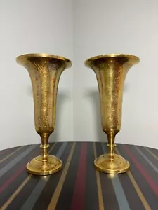 Vintage Set of 2 Brass Etched Carved Vases Candle Holders 10.5” - Picture 1 of 24
