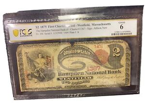 1875 US Paper Money $2 National Bank PCGS “Lazy Deuce” Banknote Currency