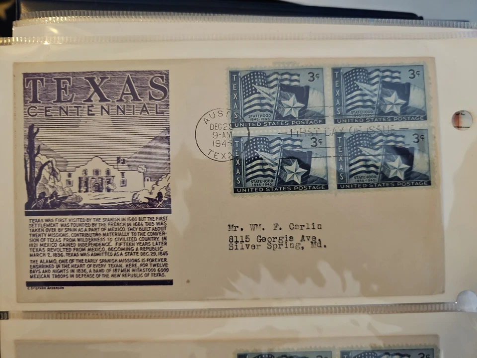 1945 100yr Anniversary Of Texas Statehood, Scott 938, Block Of 4 3c Stamps FDOI - Image 1 of 1