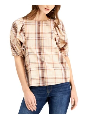 INC Mujer Marrón Dorado Roscado Cuadros Puf Cuello Redondo Top Talla: XS Foto 1 de 4