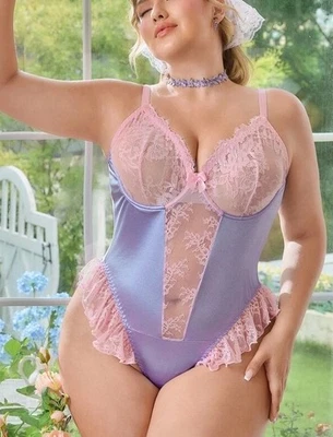 VTG Styl Satin, Frilly Lace, Sheer Back Thong Bodysuit TEDDY PLUS 3XL 3X NEW - Image 1 of 4