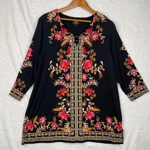 JM Collection Embellished Tunic Top Womens 2X Toggles Black Red Floral Boho - Picture 1 of 19