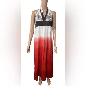 Chaudry Dress L Red White Ombre Halter Maxi Boho Lace Smocked Back - Picture 1 of 7