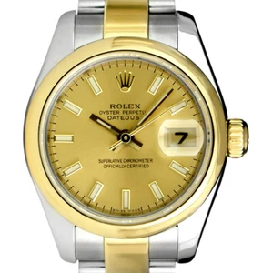 ROLEX Ladies 18kt Gold & SS DateJust Champagne Index Dial 179163 SANT BLANC - Picture 1 of 11