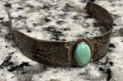 Vtg Silver Navajo Stamped cuff bracelet Sleeping Beauty Turquoise Native Sun - Image 1 of 4