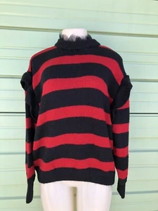 ZARA WOMAN RUFFLED NECK LACE SWEATER STRIPPED RED BLACK L #5906 771 133 - Picture 1 of 7