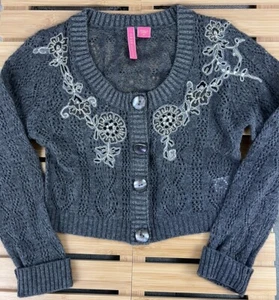 Girl’s XL Soft Lambswool/Angora Knit Cardigan Charcoal Sweater Sequin Embroidery - Picture 1 of 6