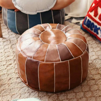 Retro Round Moroccan Faux Leather Ottoman Pouffe Pouf Footstool Unstuffed - Image 1 of 4