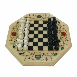 Mesa de ajedrez de mármol blanco de 18"" con incrustación de piedra dura juego para niños niños c18 - Imagen 1 de 4