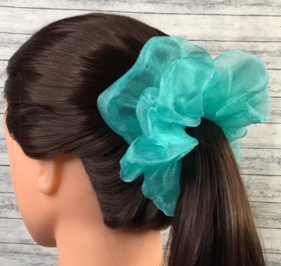 Light Teal Green Crystal Organza XL Scrunchie Hair Tie - Ponytail Holder -  5 in - Image 1 of 4