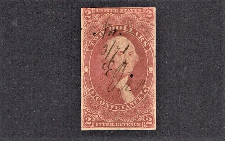 1862-71 U.S.First Issue Revenue $2 CONVEYANCE IMPERF Sc#R81a Pen Cancel - Image 1 of 1