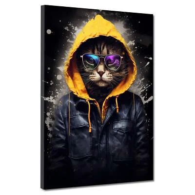 Street Art Katze im Hoodie Leinwandbild Wandbild Kunst XXL Deko - Bild 1 von 4