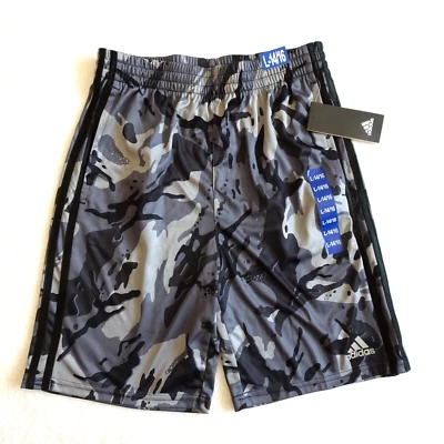 Adidas Basketball Athletic Shorts Boys Size L Black Gray Camo Soccer Pull On - Image 1 of 4