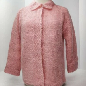 Vintage 1960s Mohair & Silk Cardigan Sweater Pink Rose w Silver Tinsel Threads M - Imagen 1 de 11