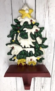 8 1/2" Vtg Cast Iron Decorated Snowy Christmas Tree Mantel Stocking Holder 2 lb - Picture 1 of 2