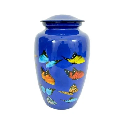 Multi Coloured Flying Butterflies Designed Large Blue Adult Human Memorial Urn - Image 1 of 4