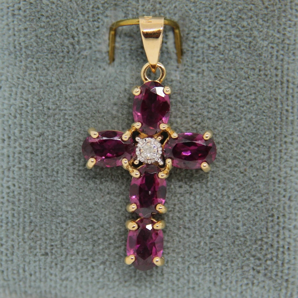 Colgante Cruz Religiosa Diamante Rodolita Granate Oro Amarillo 14K Foto 1 de 1