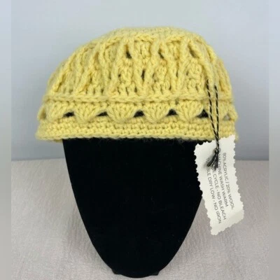 Yellow Handmade Gender Neutral Acrylic Wool Blend Knit Grandma Beanie Hat - Image 1 of 4
